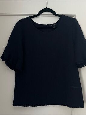 Banana Republic Navy Fringed Short-Sleeve Boucle Knit Top